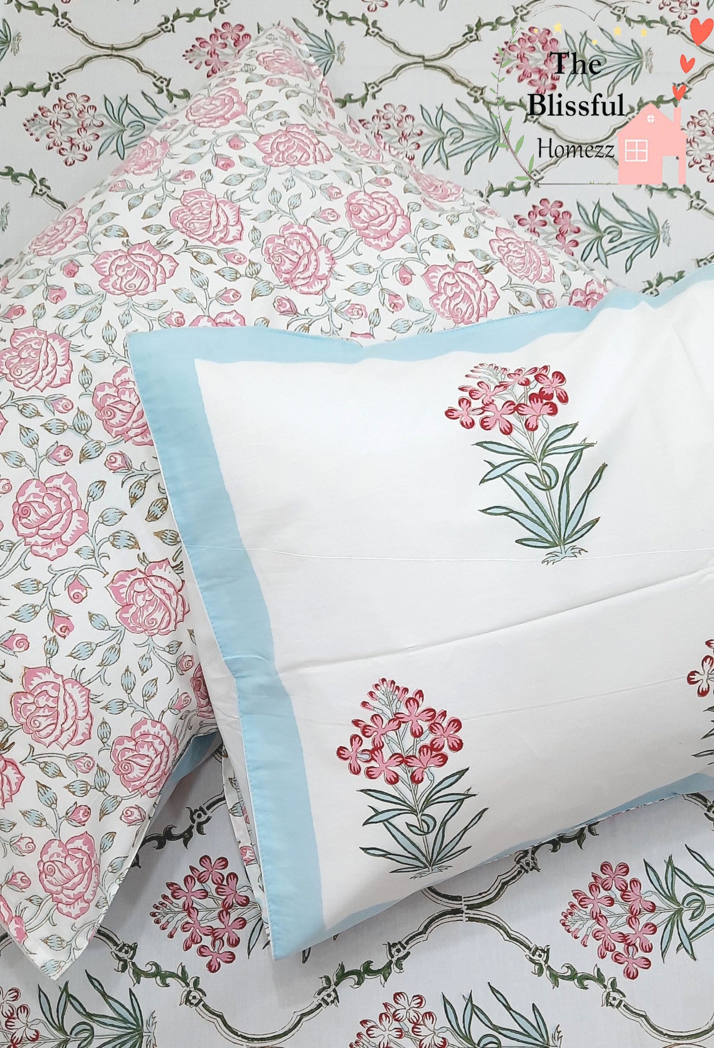 Pink Floral Handblock Printed Premium Bedsheet
