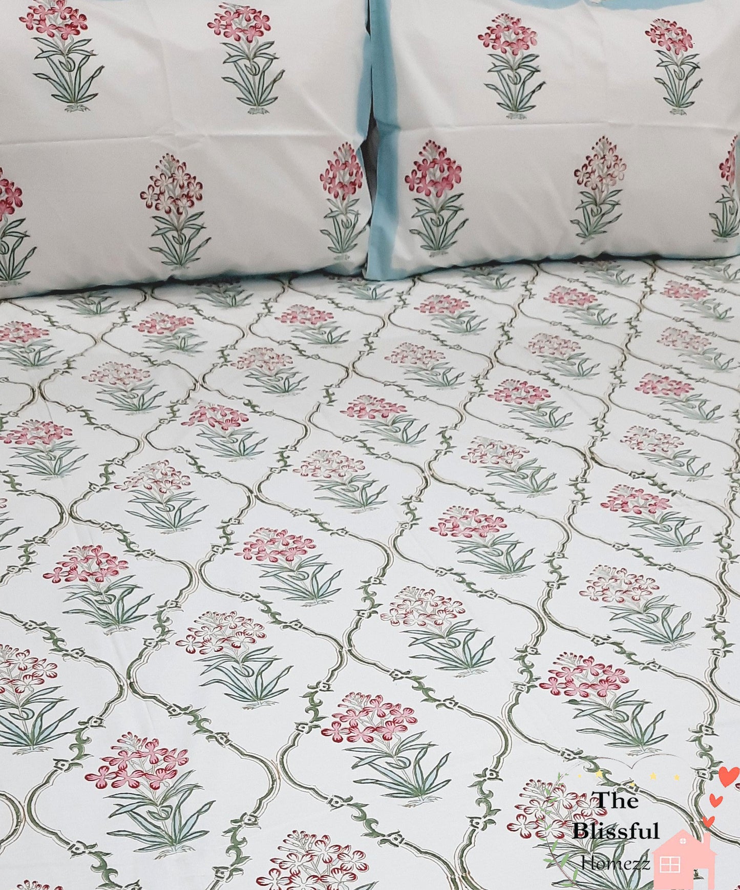 Pink Floral Handblock Printed Premium Bedsheet