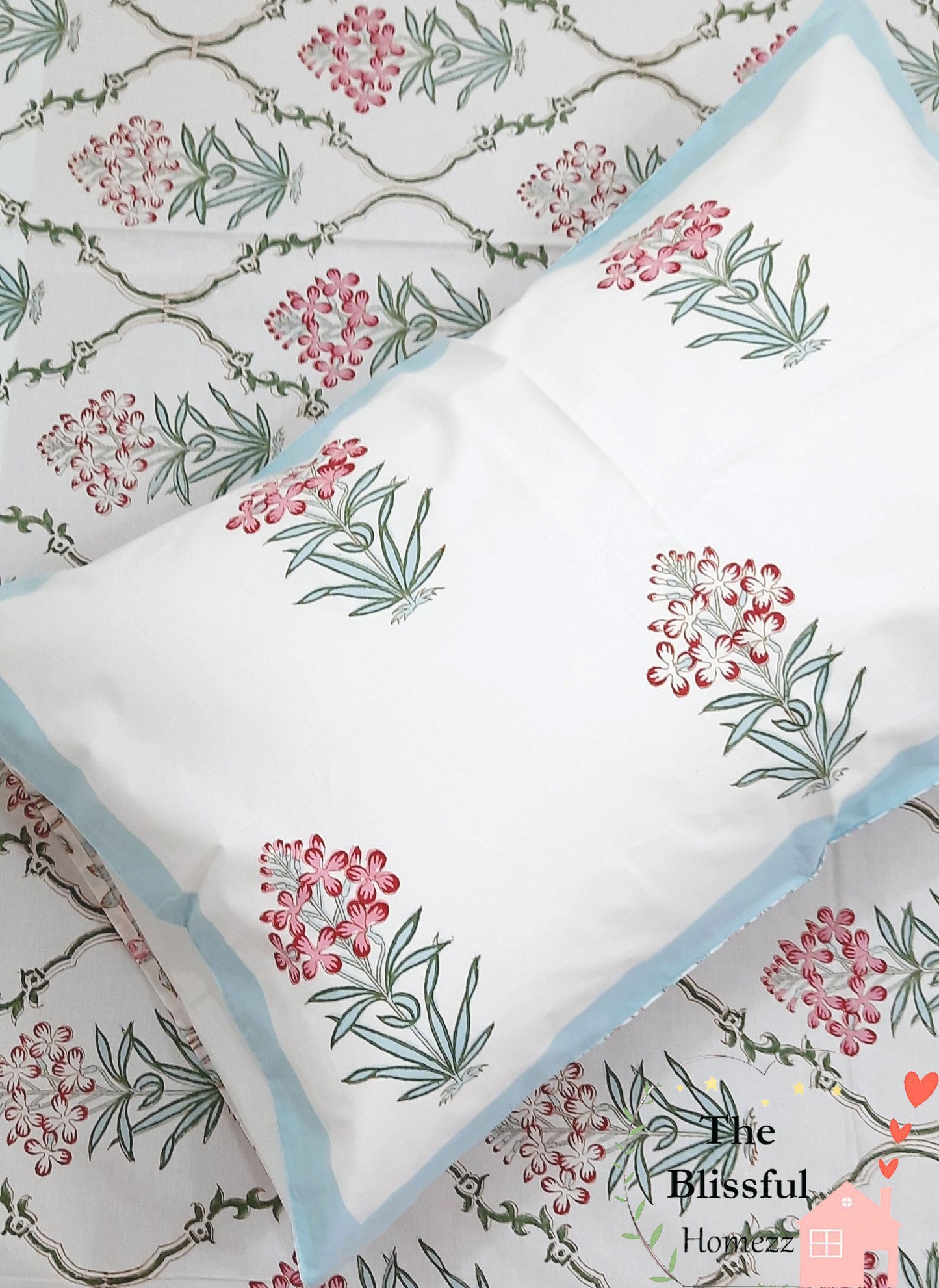 Pink Floral Handblock Printed Premium Bedsheet