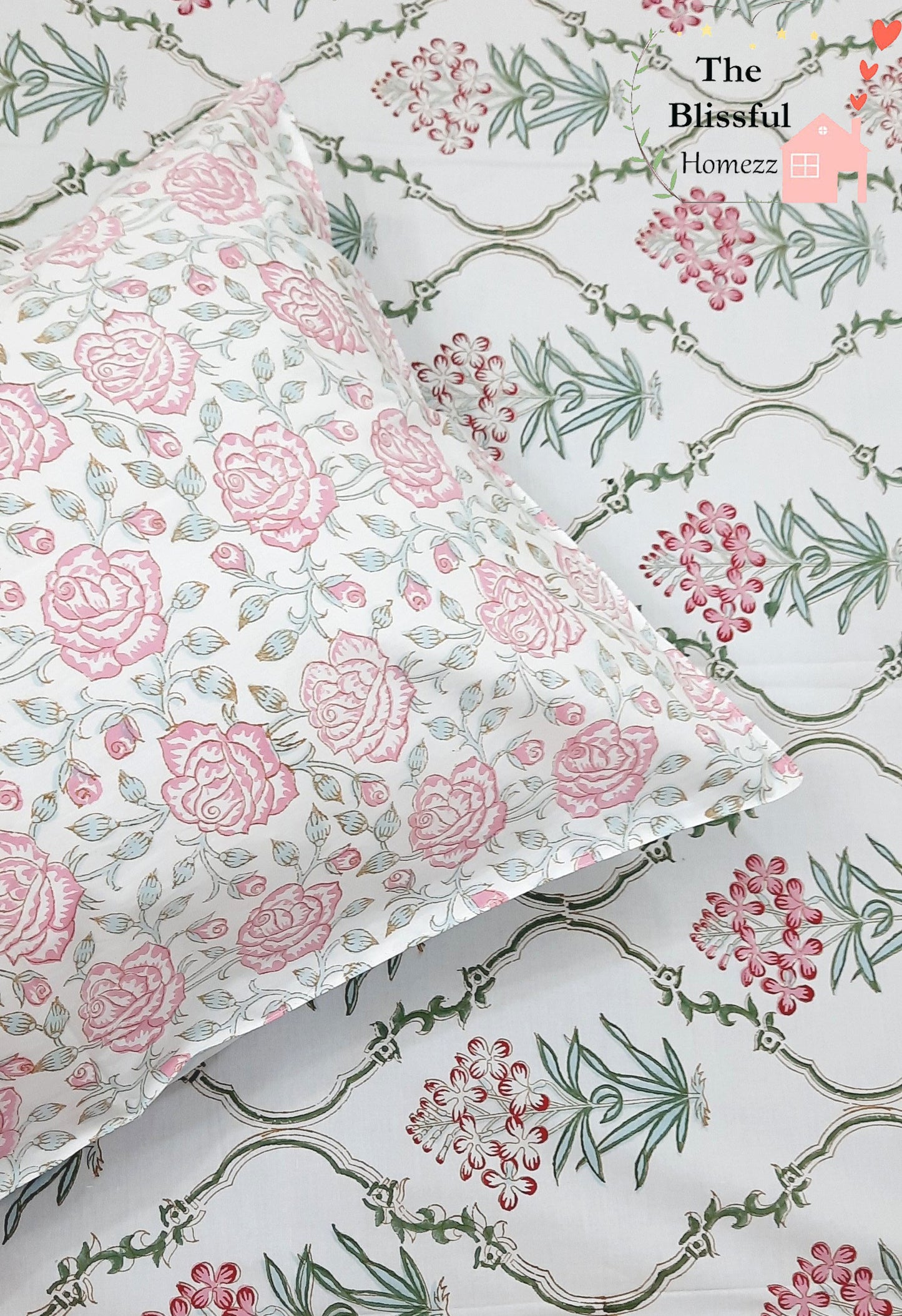 Pink Floral Handblock Printed Premium Bedsheet