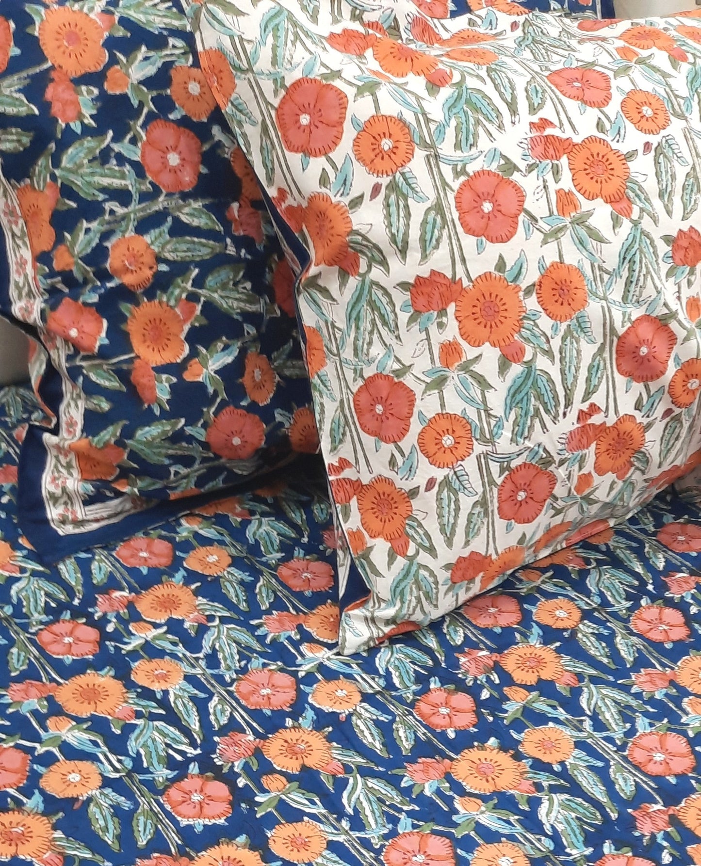 Blue Base Floral Print Handblock Printed Premium Bedsheet