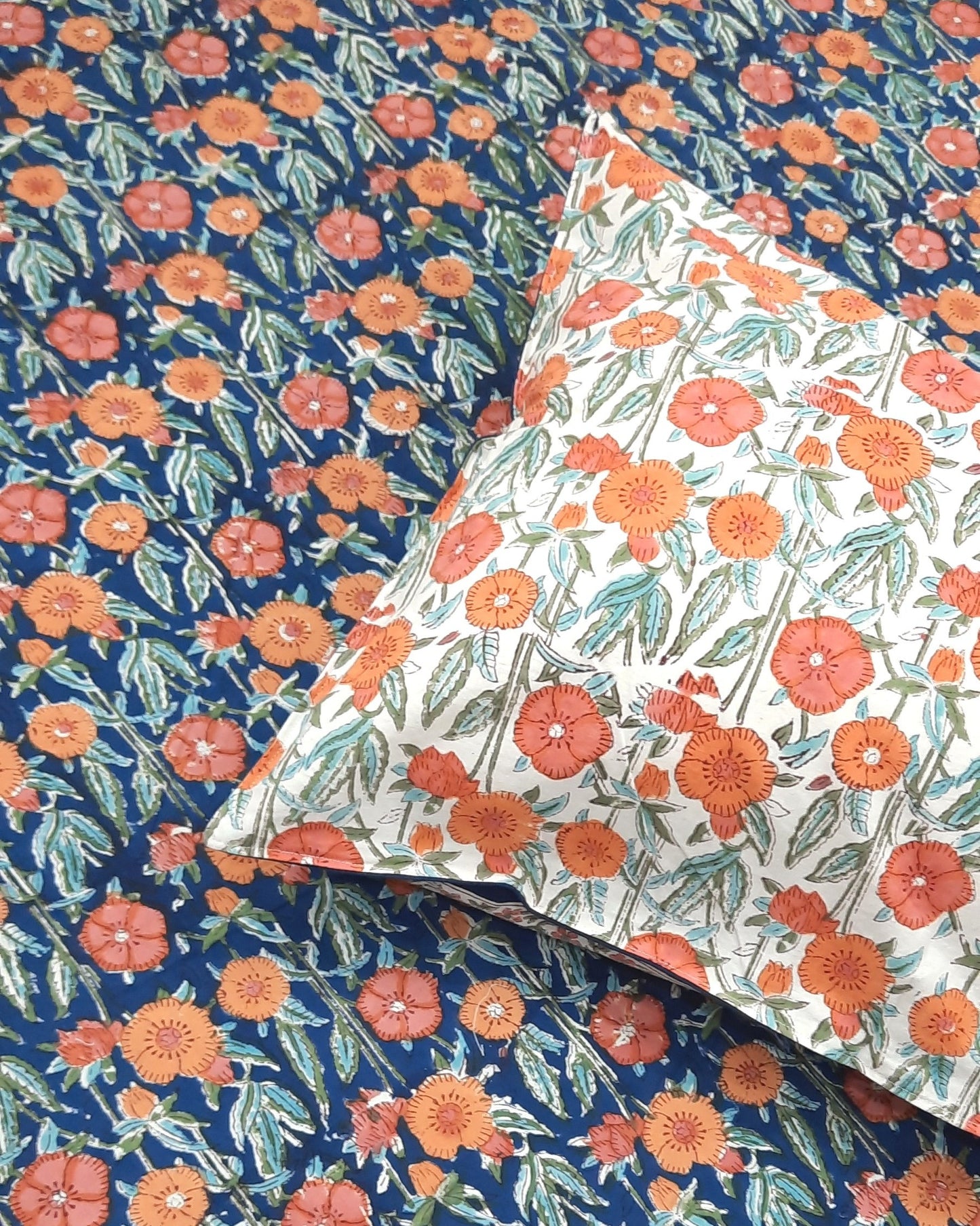 Blue Base Floral Print Handblock Printed Premium Bedsheet