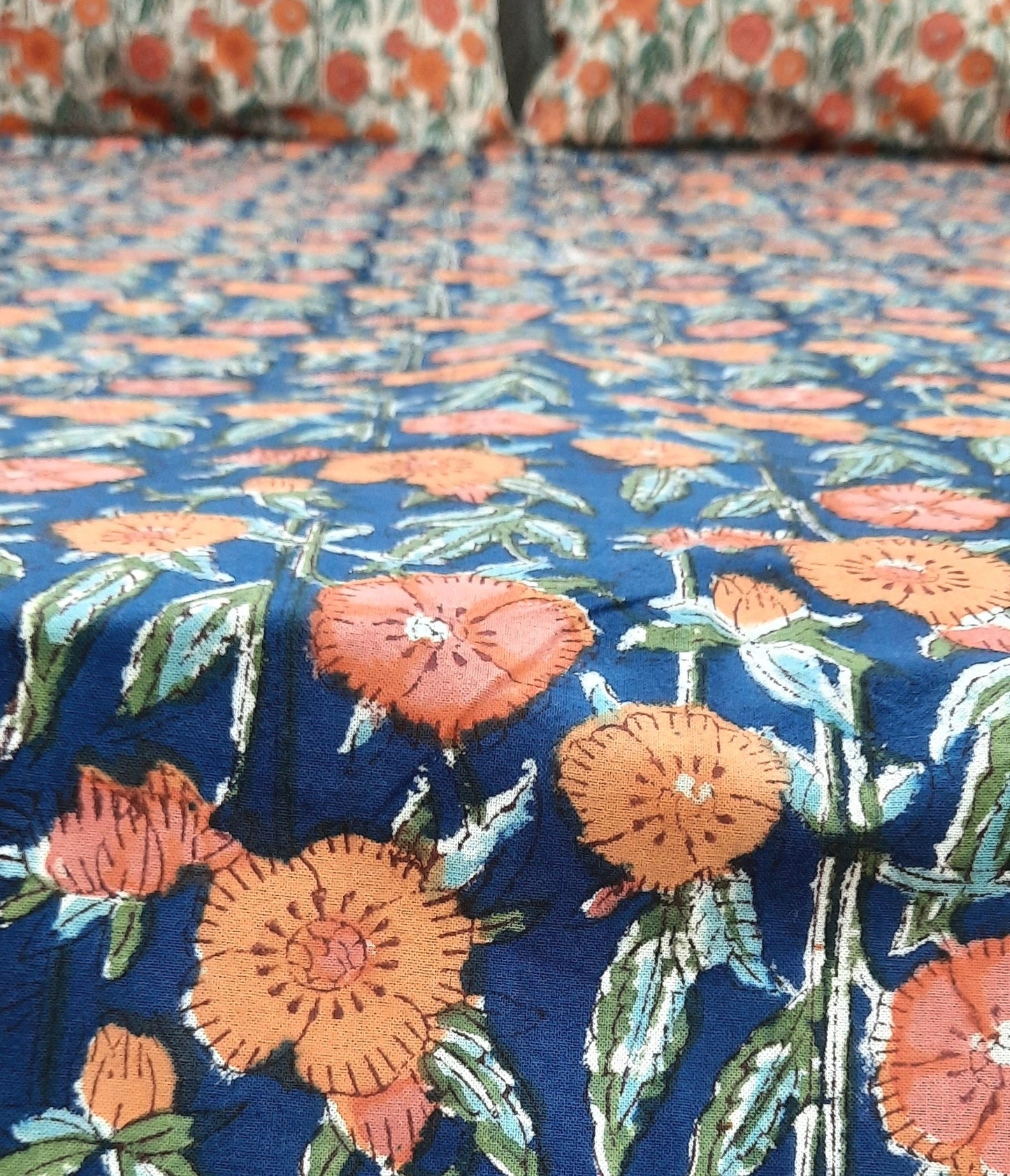Blue Base Floral Print Handblock Printed Premium Bedsheet