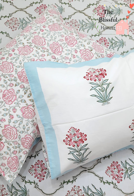 Pink Floral Handblock Printed Premium Bedsheet