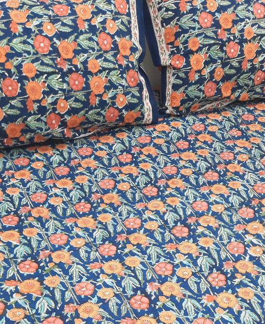 Blue Base Floral Print Handblock Printed Premium Bedsheet