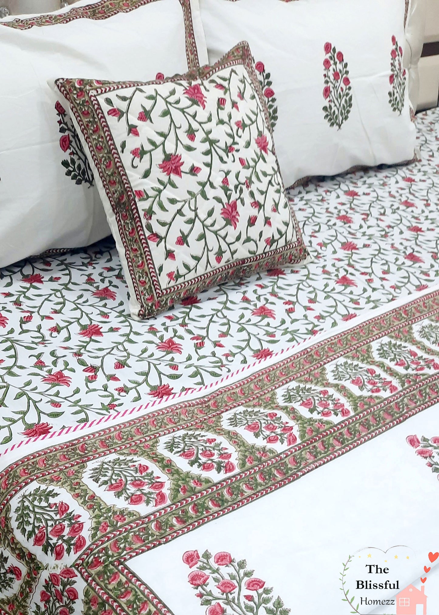 Pink Floral Handblock Printed Premium Double Bedsheet