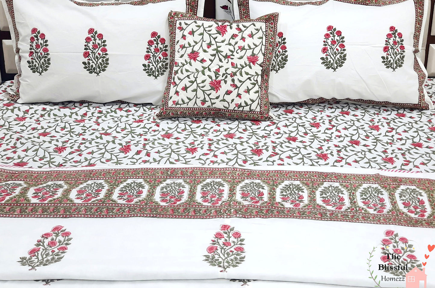 Pink Floral Handblock Printed Premium Double Bedsheet