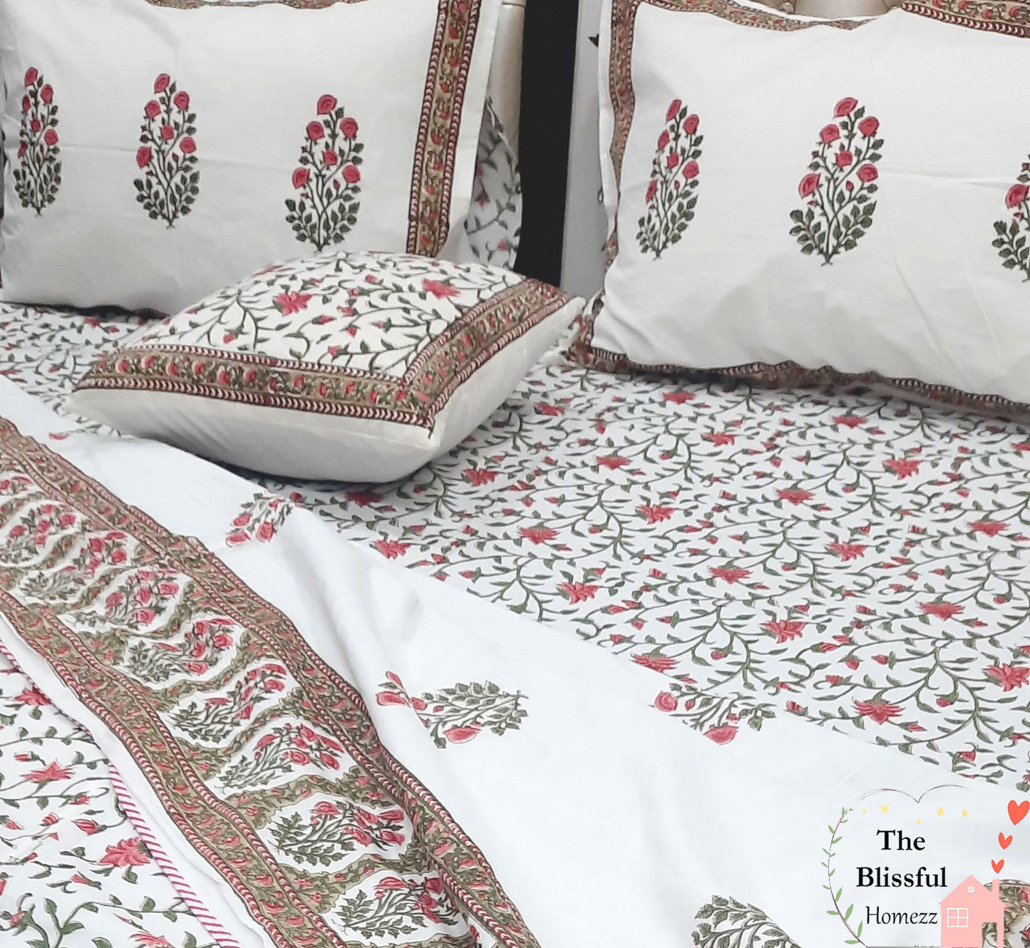 Pink Floral Handblock Printed Premium Double Bedsheet