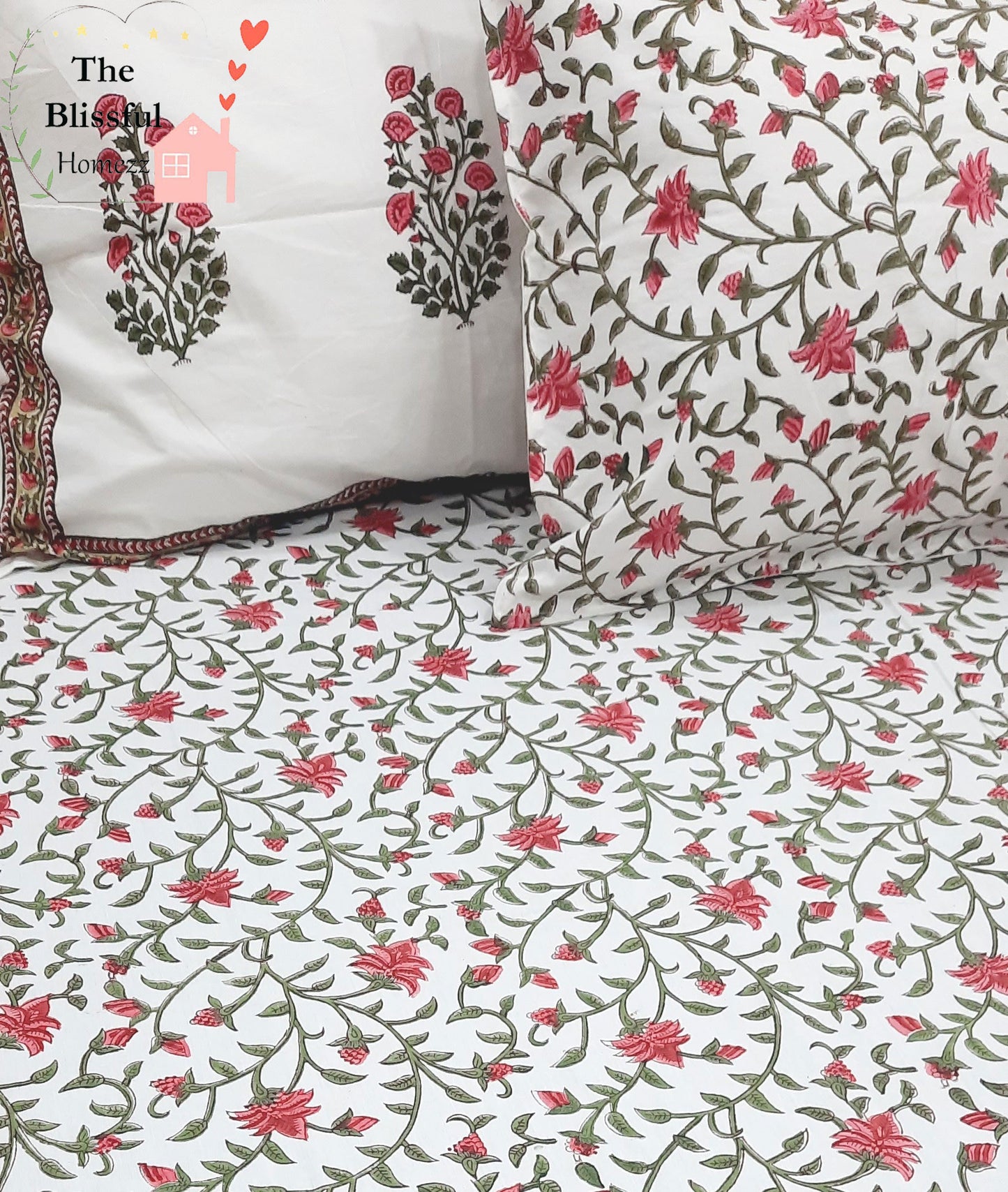 Pink Floral Handblock Printed Premium Double Bedsheet